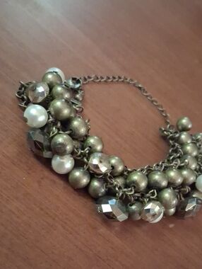 Antique Beaded Charm Bracelet - Women Jewelry Sparkly Green Cream Colored